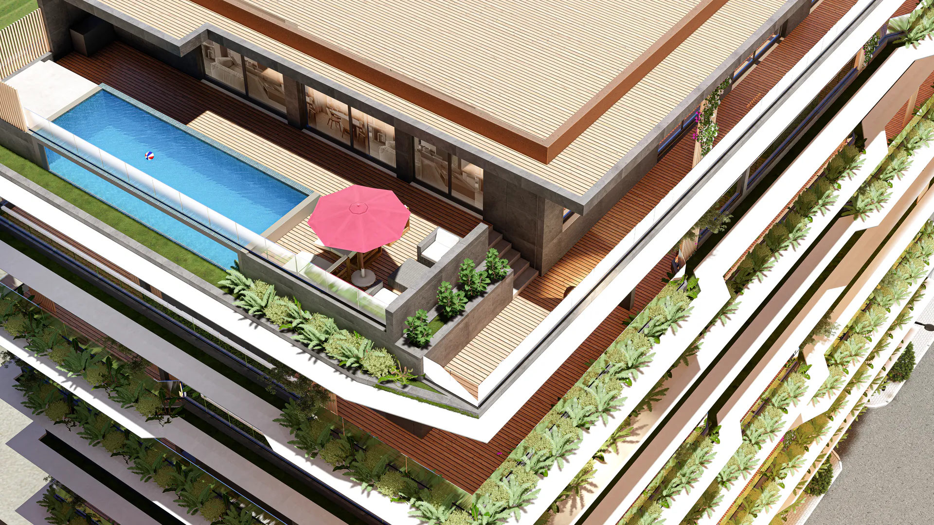 Terrasse et piscine en toiture